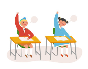 Primary education illustration. Cute pupils are sitting at the classroom desks and raising their hands.
