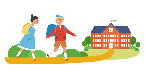 Primary education illustration. Cute students are going to school.