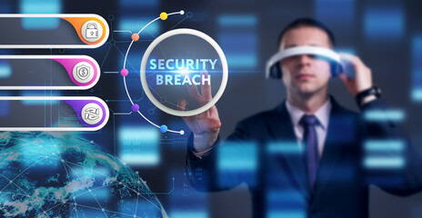 Business, Technology, Internet and network concept. Young businessman working on a virtual screen of the future and sees the inscription: Security breach