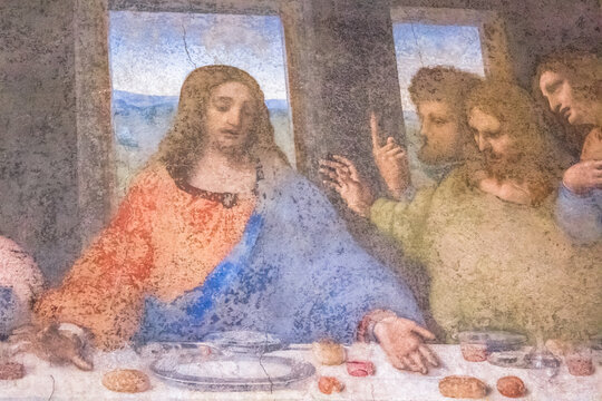 Milan, Italy - November 15, 2016: detail of the Last Supper masterpiece painting by Leonardo da Vinci. close up of Jesus., Thomas, James and Philip.