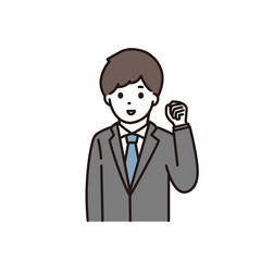 笑顔でガッツポーズをするスーツ姿の若い男性