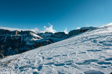 beautiful sunny snowy mountain landscape on Ebenalp in Appenzell