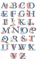 alphabet in a marine theme, with marine elements