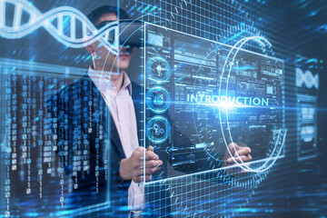 Business, Technology, Internet and network concept. Young businessman working on a virtual screen of the future and sees the inscription: