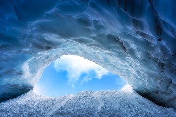 Whistler, British Columbia, Canada. Beautiful View of the Ice Cave in the Alpines on top of Blackcomb Mountain. Nature Background. Blue Sky Art Render.