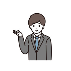 笑顔で案内をするスーツ姿の若い男性