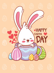 Cute bunny with easter eggs decorated. cartoon character illustration happy easter day concept.