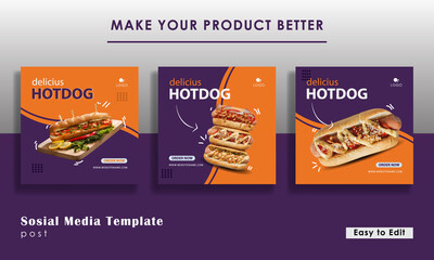 social media template with purple color, for promotion hotdog. EPS 10