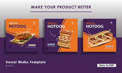 social media template with purple color, for promotion hotdog. EPS 10