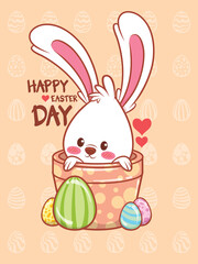 Cute bunny with easter eggs decorated. cartoon character illustration happy easter day concept.