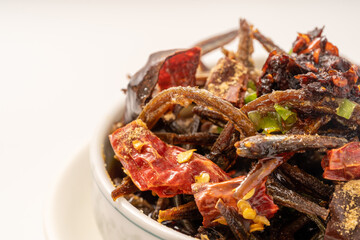 Fried small whitebait on pure white background