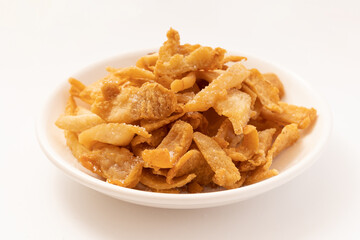 Fresh fried pork dregs on a pure white background