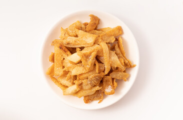 Fresh fried pork dregs on a pure white background