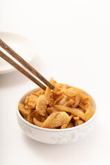 Fresh fried pork dregs on a pure white background