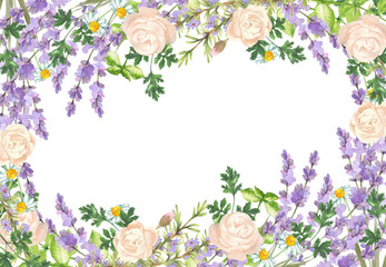 Watercolor floral frame composition with roses and herbs.  © 時々雨
