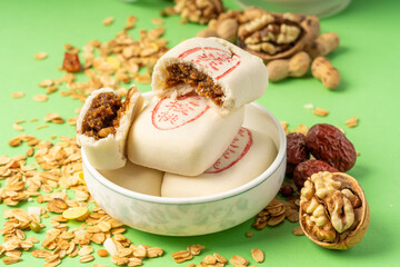 Jujube paste walnut cake with solid color background