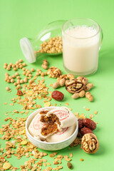 Jujube paste walnut cake with solid color background