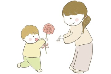 母の日にお母さんへカーネーションをプレゼントする男の子