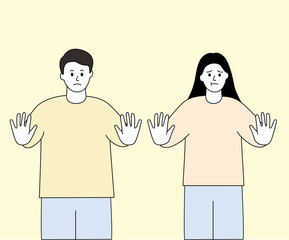 Men and women who refuse to do something illustration set. position, work, doodle, motion, no. Vector drawing. Hand drawn style.