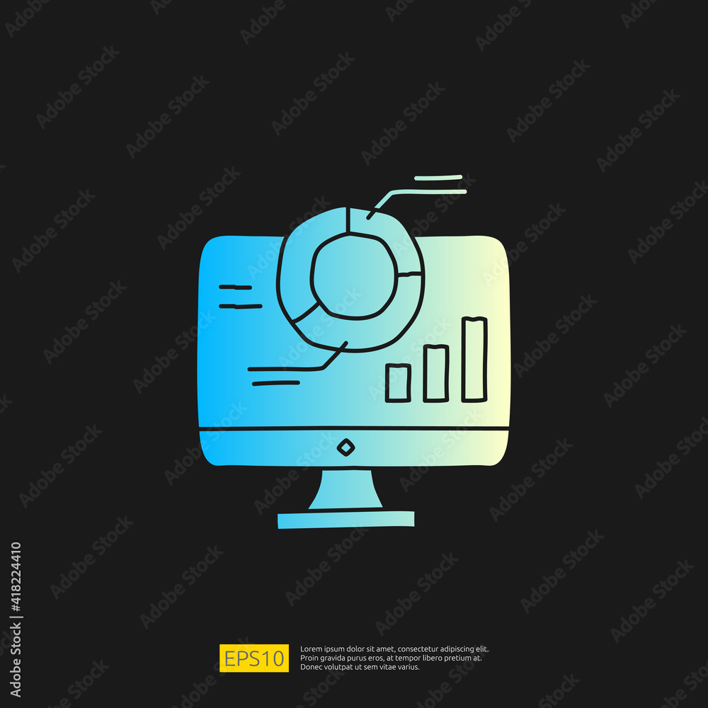 Poster data collection and analysis concept doodle gradient glyph icon graphic chart on pc screen monitor. 