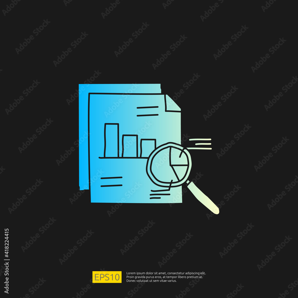 Poster data analysis concept doodle gradient glyph icon with magnifier and graphic chart document. statisti