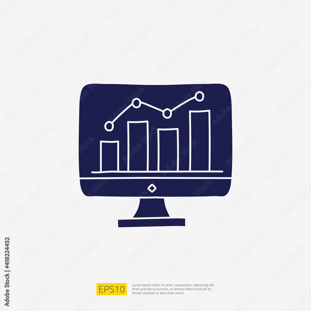 Poster data collection and analysis concept doodle glyph icon with graphic chart on pc screen monitor. stat
