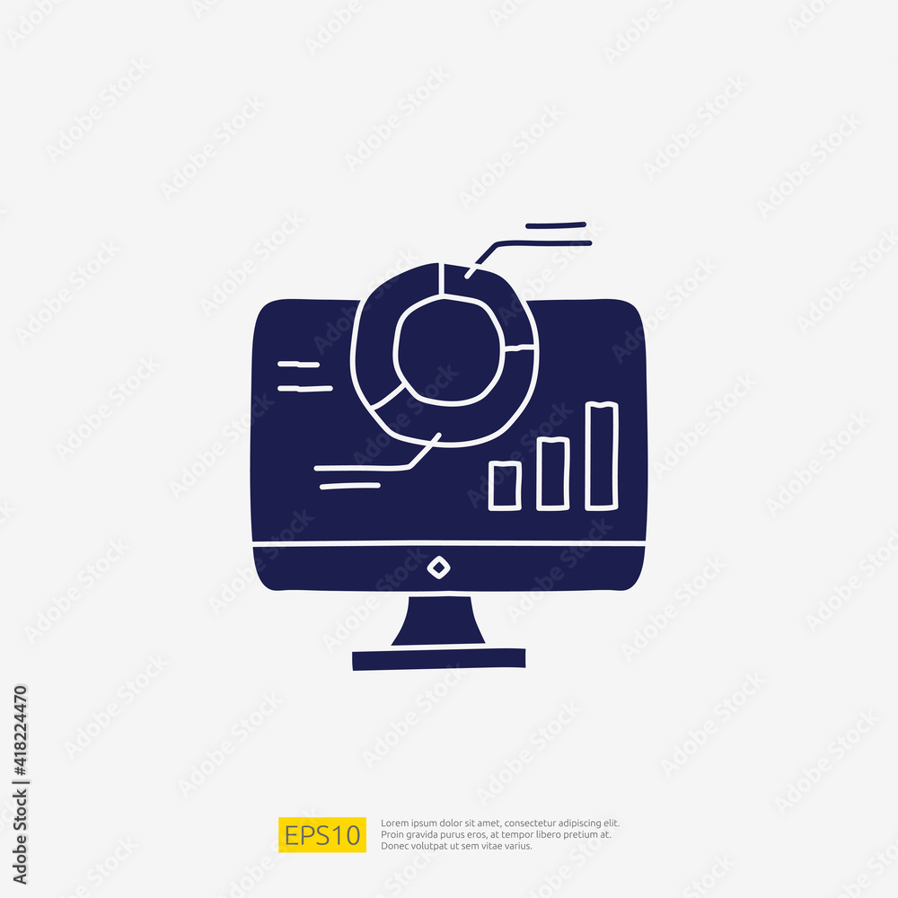 Poster data collection and analysis concept doodle glyph icon with graphic chart on pc screen monitor. stat
