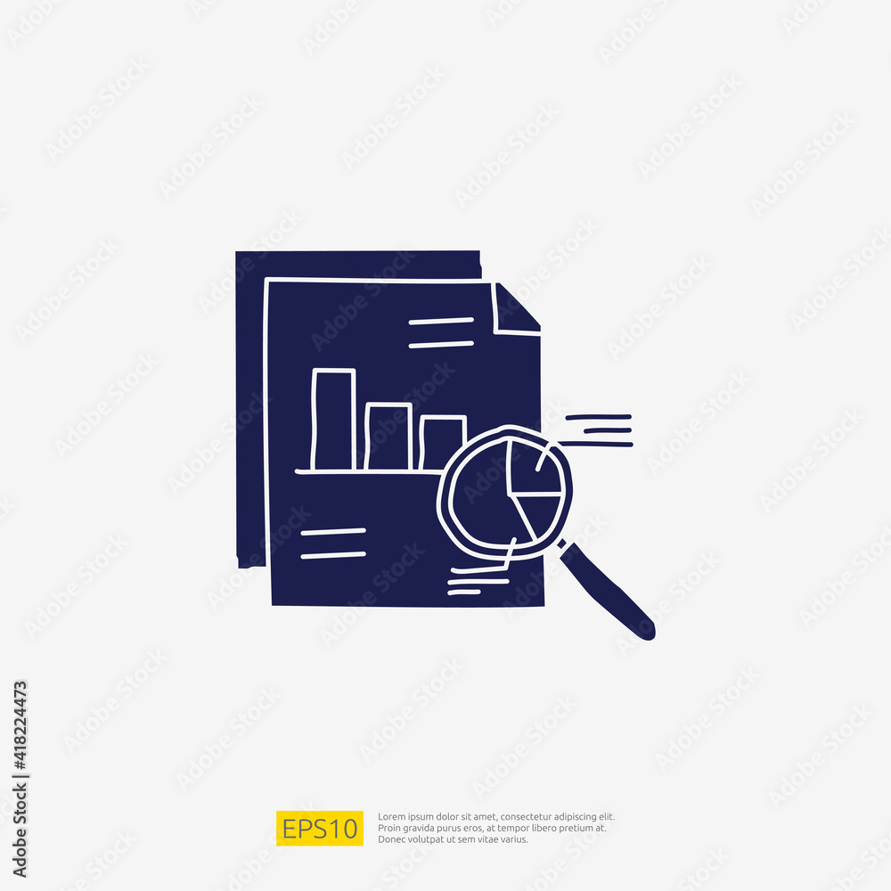 Poster data analysis concept doodle glyph icon with magnifier and graphic chart document. statistics scienc