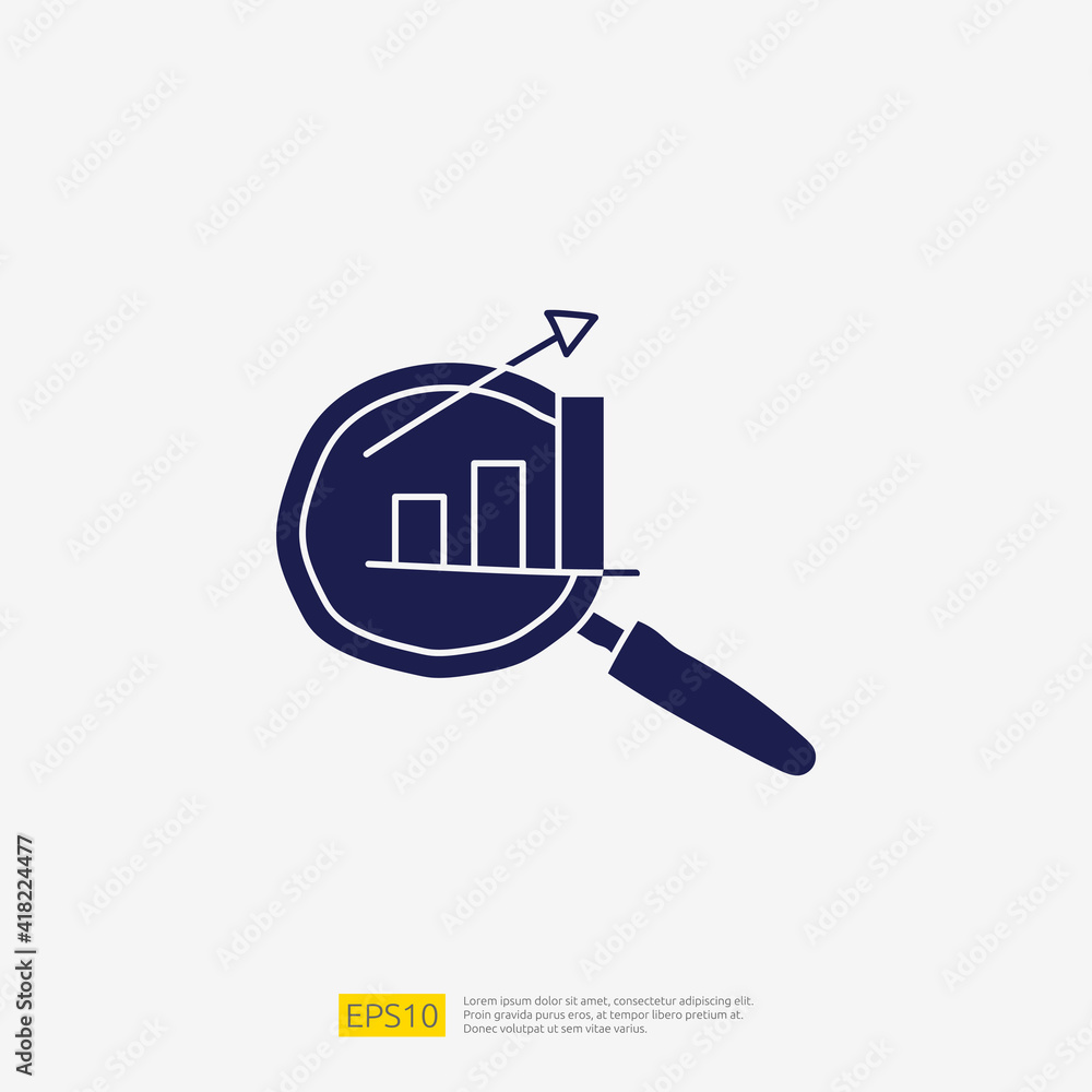 Poster data analysis concept doodle glyph icon with magnifier and graphic chart document. statistics scienc