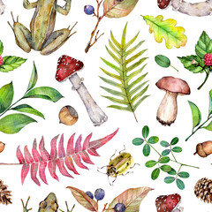Watercolor seamless pattern with leaves, branches, mushrooms, frogs, ferns and beetles. Hand painted forest illustration isolated on white background.