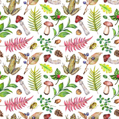 Watercolor seamless pattern with leaves, branches, mushrooms, frogs, ferns and beetles. Hand painted forest illustration isolated on white background.