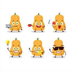 Butternut squash cartoon character with various types of business emoticons