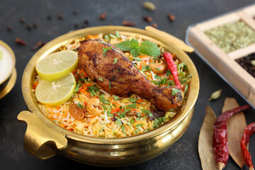 Chicken biryani Spicy Indian Malabar biryani Hyderabadi biryani, Dum Biriyani pulao golden bowl  Kerala India Sri Lanka Pakistan basmati rice mixed rice dish with meat curry Ramadan Kareem, Eid
