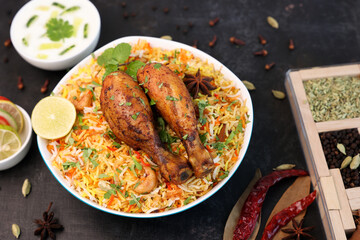 Chicken biryani Spicy Indian Malabar biryani Hyderabadi biryani, Dum Biriyani pulao Kerala India Sri Lanka Pakistan basmati rice mixed rice dish with meat curry Ramadan Kareem, Eid