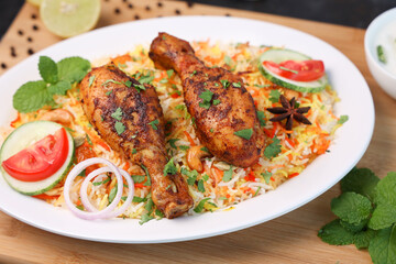 Chicken biryani Spicy Indian Malabar biryani Hyderabadi biryani, Dum Biriyani pulao Kerala India Sri Lanka Pakistan basmati rice mixed rice dish with meat curry Ramadan Kareem, Eid