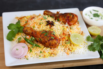 Chicken biryani Spicy Indian Malabar biryani Hyderabadi biryani, Dum Biriyani pulao Kerala India Sri Lanka Pakistan basmati rice mixed rice dish with meat curry Ramadan Kareem, Eid