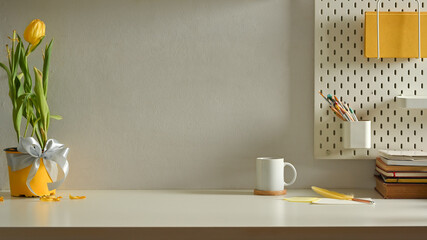 Home interior design, workspace with stationery, flowers pot, cup and copy space