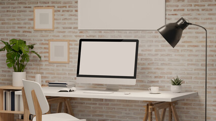 3D rendering, home office with worktable, computer, supplies and decorations, 3D illustration