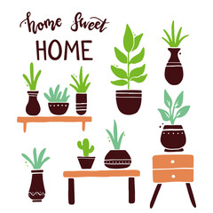 Fototapeta na wymiar Hand drawn set of cute home plant with pot. Simple trendy flat style. Collection for interior garden decoration design.