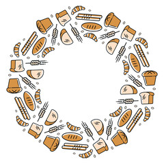 Bread frame, illustration, a ring of bread badges. Vector icons in a circle, a round pattern of bread, baguettes, loaves, rye, wheat, ears. Bakery design.
