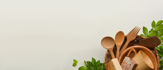 Zero waste concept, mock up scene with wooden kitchenware and copy space on white background