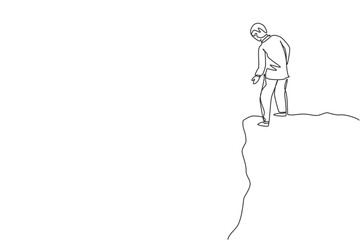 Single one line drawing of young smart business man looking down from top of the hill. Business risk and trap metaphor minimal concept. Modern continuous line draw design graphic vector illustration