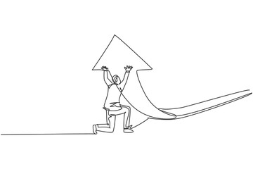 Continuous one line drawing of young male worker lifting the rising financial arrow graph up. Success business manager minimalist concept. Trendy single line draw design vector graphic illustration