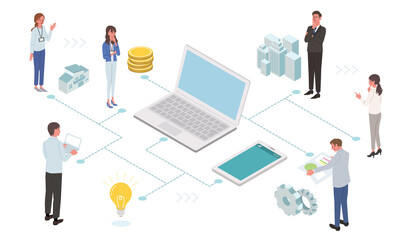 ITコミュニケーション　ビジネスコンセプト　パソコンと人々のイラスト
