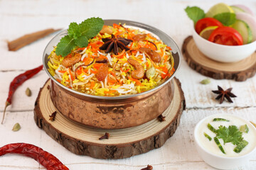 Vegetable biryani biriyani ,  Hyderabadi Shahi Pulao and raita Pilaf Basmati rice dish Indian spices Kerala India Sri Lanka Pakistan. Ghee rice, Lemon rice, boiled white rice