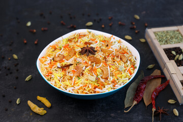 Vegetable biryani biriyani ,  Hyderabadi Shahi Pulao and raita Pilaf Basmati rice dish Indian spices Kerala India Sri Lanka Pakistan. Ghee rice, Lemon rice, boiled white rice