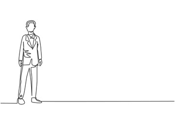 Continuous one line drawing of young smart businessman standing on office suit. Success business manager company minimalist concept. Trendy single line draw design vector graphic illustration