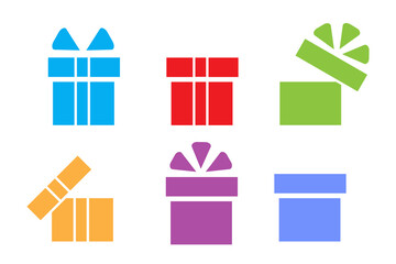 Holiday gift surprise. Colored flat gifts in flat style. Holiday background. Stock image. EPS 10.