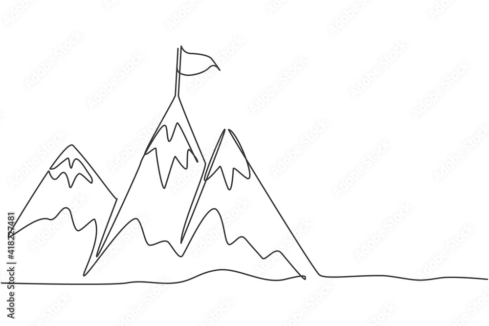 Poster single continuous line drawing mountains with target flag on the top. reaching and climbing business