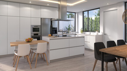 Cocina moderna con comedor de diario, 3d render